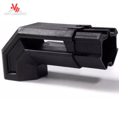 Detail view of mounting stanchion and accessory T-slot channel on black TEC rail 109867