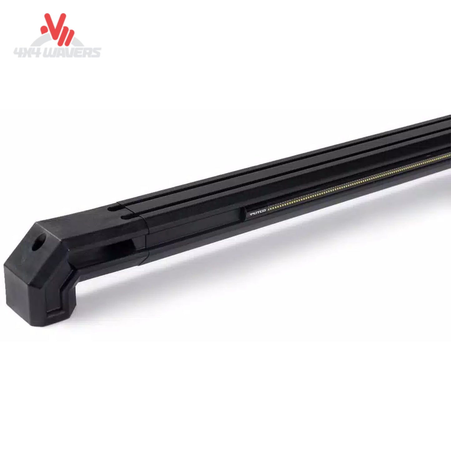 Detail view of mounting stanchion and accessory T-slot channel on black TEC rail 109867