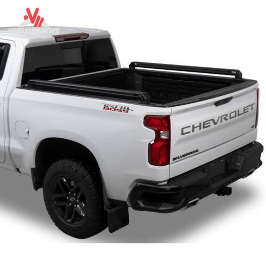 Pair of Putco black extruded aluminum Tec Rails installed on Chevrolet Silverado short bed SKU 109895