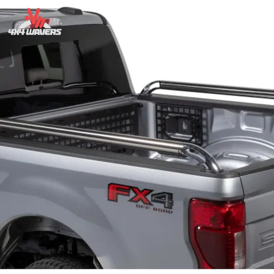 Putco Boss Locker Bed Rails installed on a 15-26 Ford F150 with a 6.5ft bed, shown from a side view.