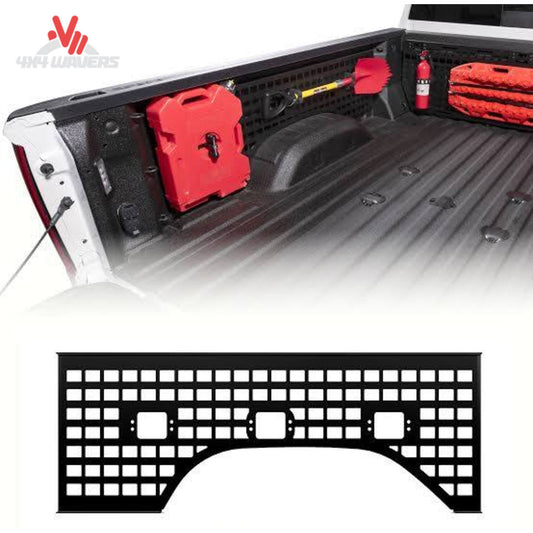 Textured black aluminum driver side MOLLE rack installed on Chevrolet Silverado bed wall SKU 195001