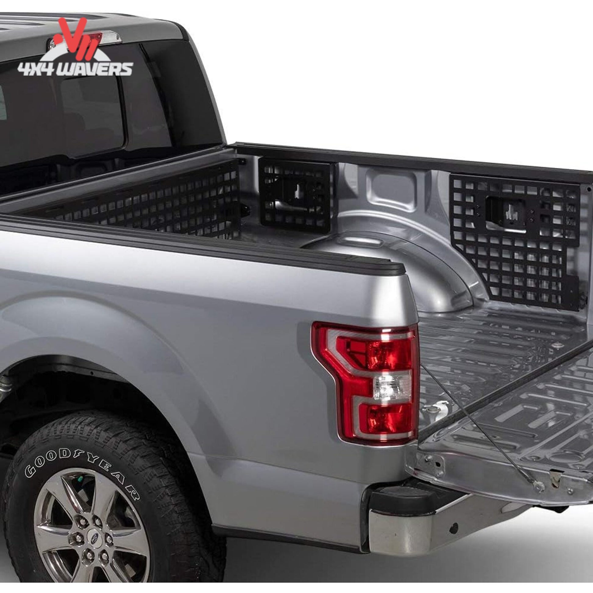 Putco driver side Molle panel installed in 15-20 Ford F150 bed organizer, featuring durable metal hooks and storage slots.