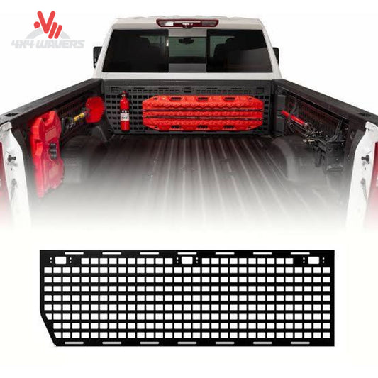 Textured black aluminum front MOLLE rack installed on Chevrolet Silverado bed cab wall SKU 195003