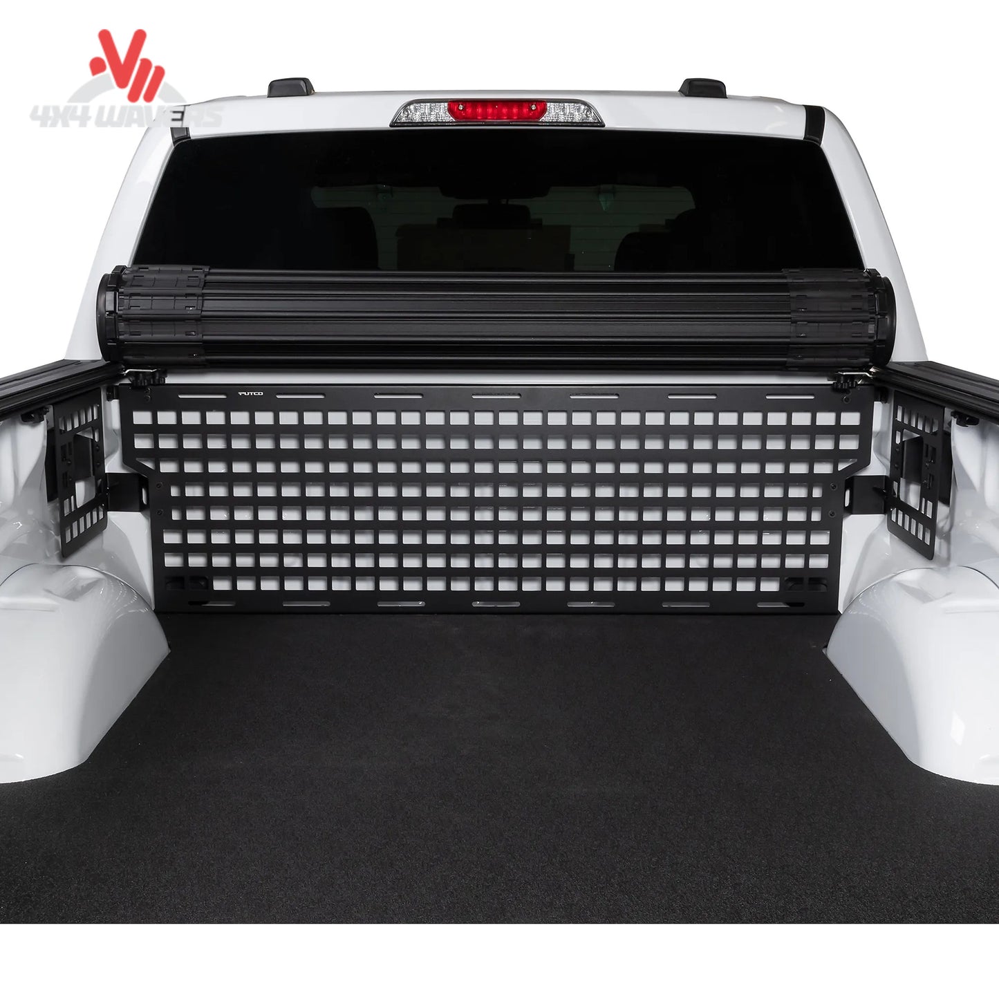 Putco front Molle panel installed on Ford F150 bed organizer for 6.5ft and 8ft trucks, showcasing durable metal storage solution