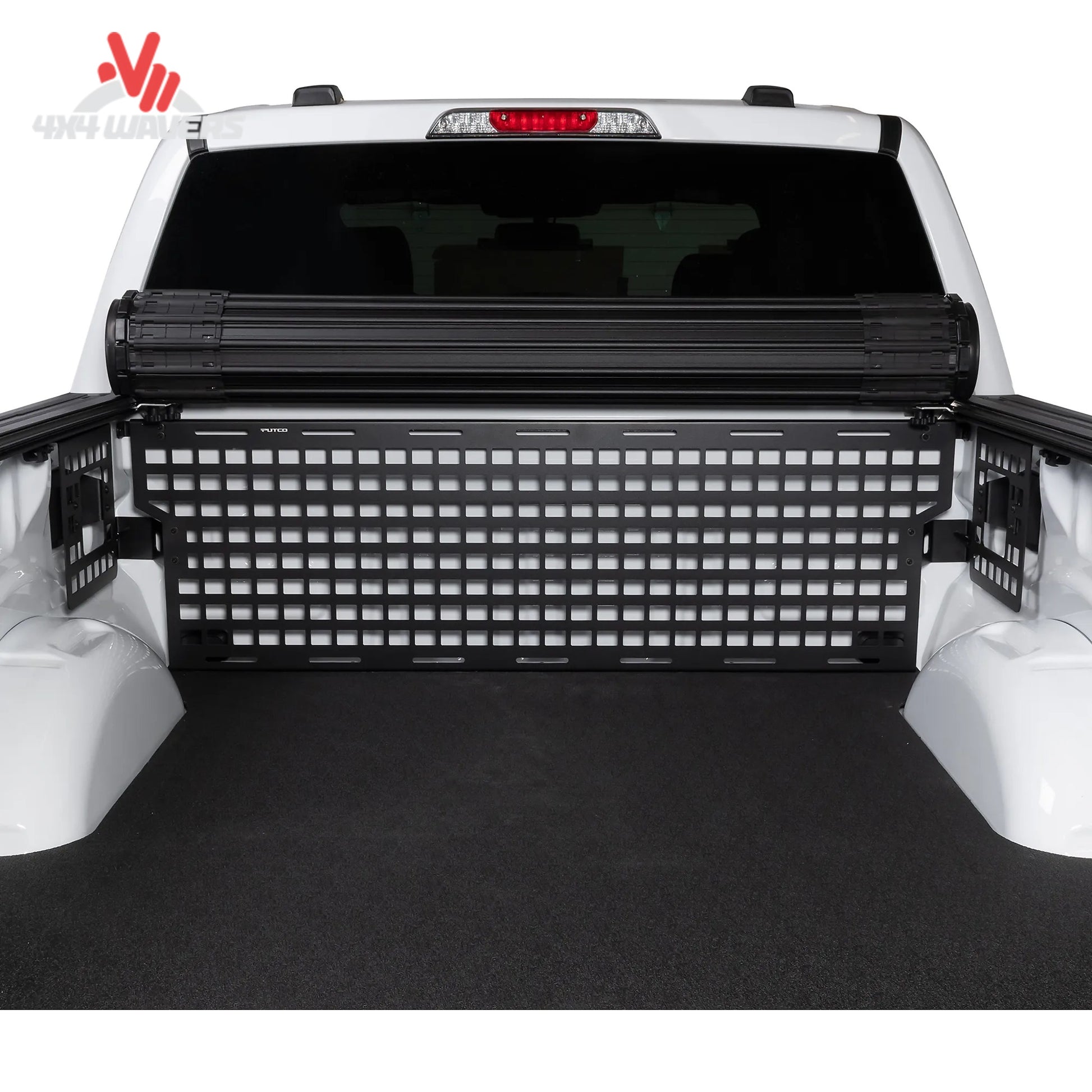 Putco front Molle panel installed on Ford F150 bed organizer for 6.5ft and 8ft trucks, showcasing durable metal storage solution
