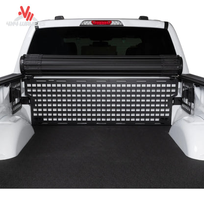 Putco front Molle panel installed on Ford F150 bed organizer for 6.5ft and 8ft trucks, showcasing durable metal storage solution