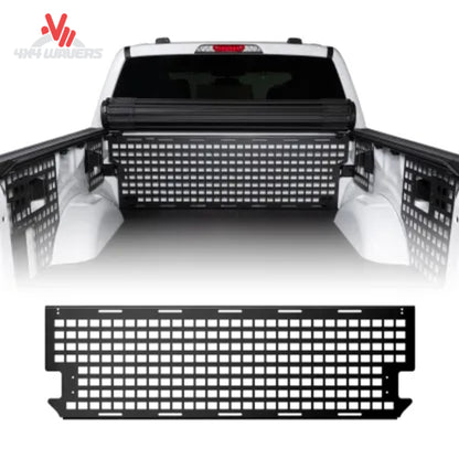 Putco front Molle panel installed on Ford F150 bed organizer for 6.5ft and 8ft trucks, showcasing durable metal construction.