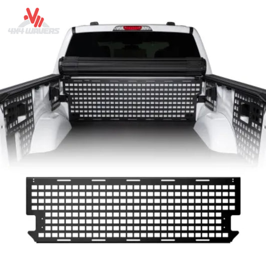 Putco front Molle panel installed on Ford F150 bed organizer for 6.5ft and 8ft trucks, showcasing durable metal construction.