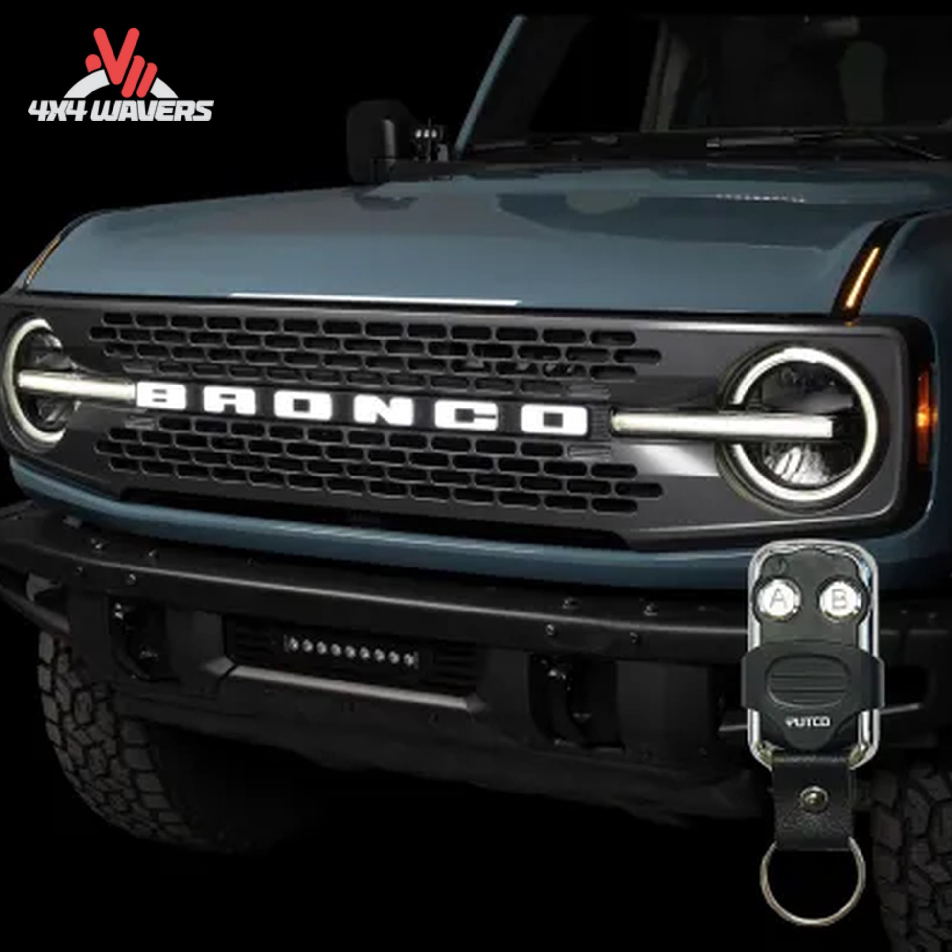 Close-up of Putco Luminix LED DRL lights mounted in Bronco grille