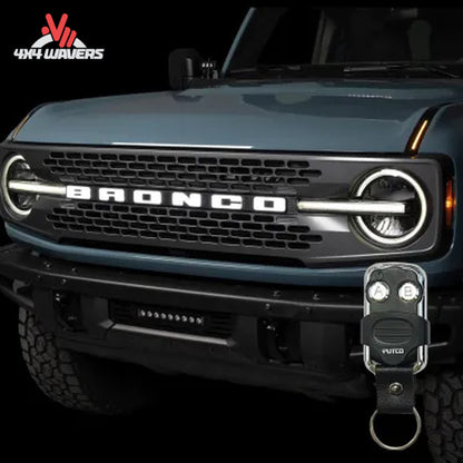Close-up of Putco Luminix LED DRL lights mounted in Bronco grille