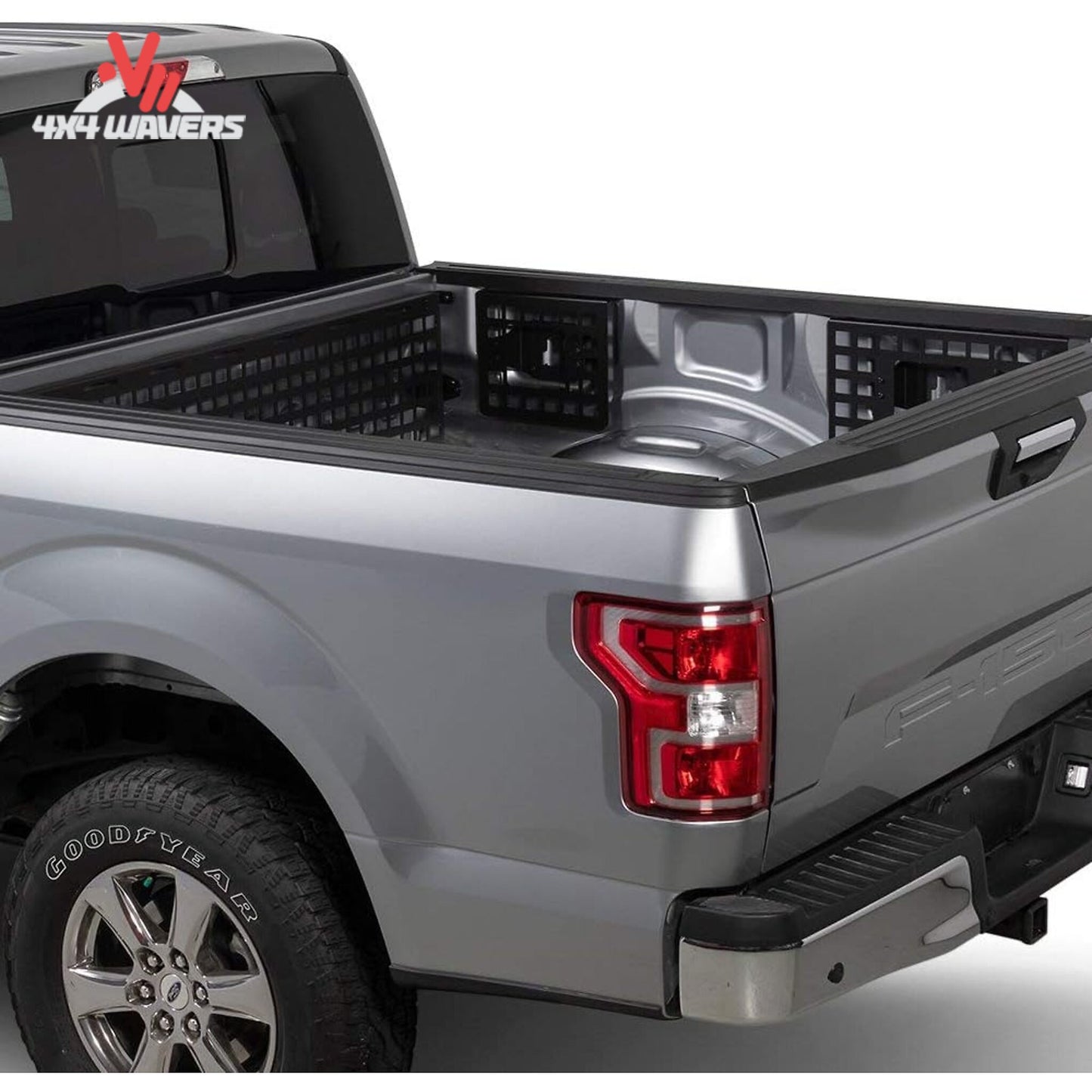 Putco passenger Molle panel installed in 15-26 Ford F150 6.5ft bed, used for organizing gear and accessories.