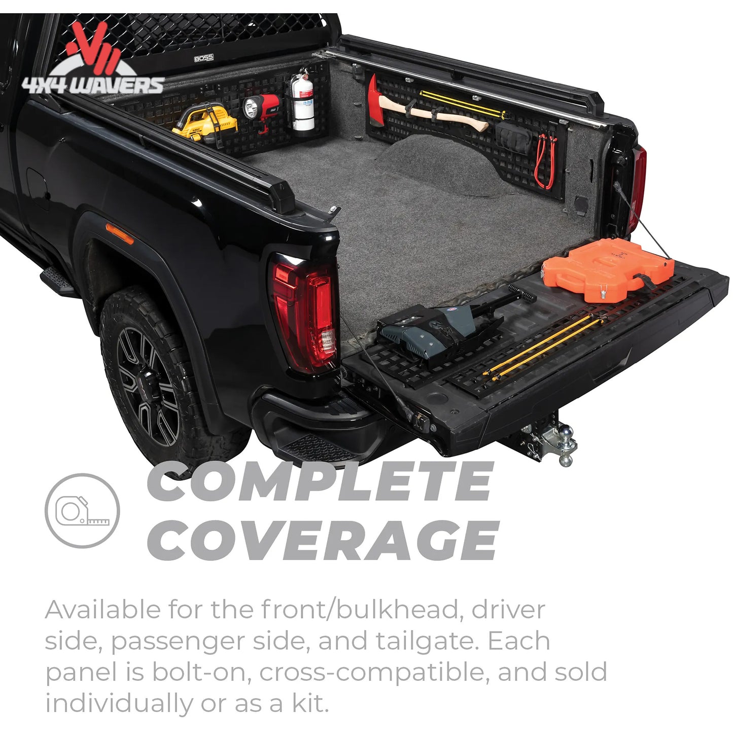 Putco passenger side Molle panel installed in a 15-26 Ford F150 6.5ft bed, used for organizing tools and accessories.