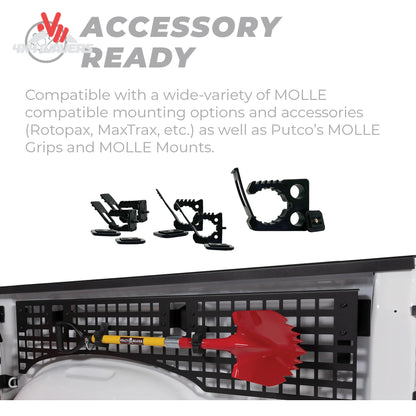 Putco passenger-side Molle panel installed in a 15-26 Ford F150 6.5ft bed organizer for secure gear storage.