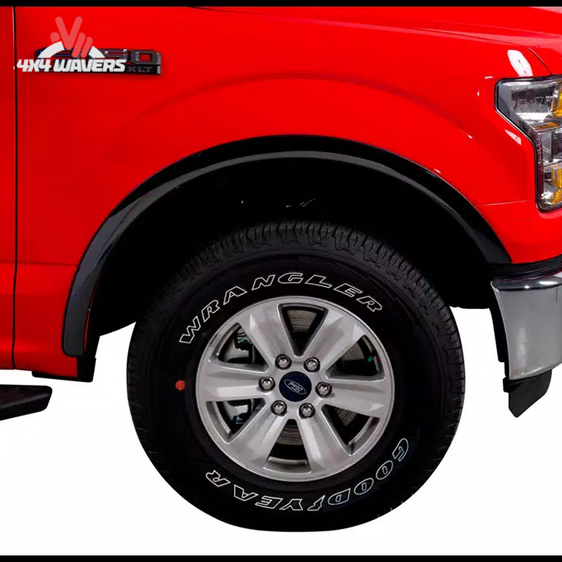 Putco stainless steel fender trim kit installed on a 2015-2017 Ford F150, showing sleek fender flare accents on the vehicle's side.