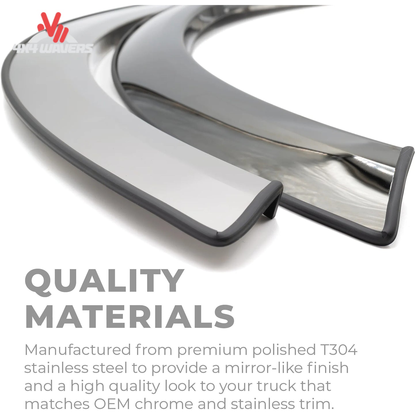 Putco stainless steel fender trim kit with rubber gaskets for 2015-2017 Ford F150 truck, showing detailed close-up of trim and gasket.