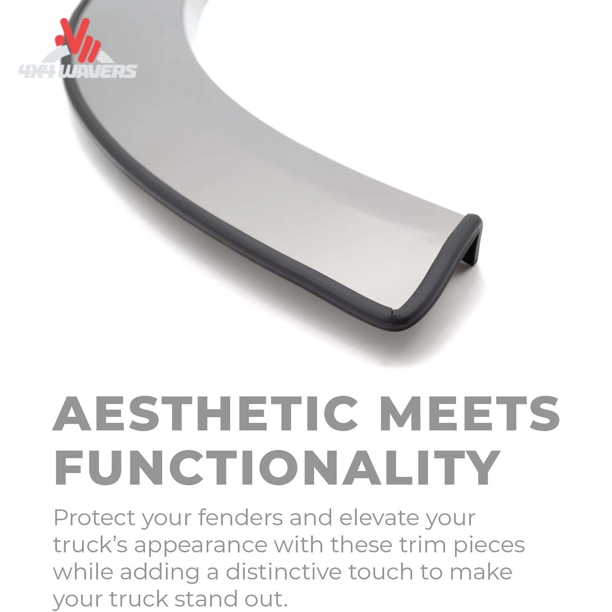 Close-up of Putco stainless steel fender trim kit with rubber gasket detail on a 2015-2017 Ford F150 truck fender flare