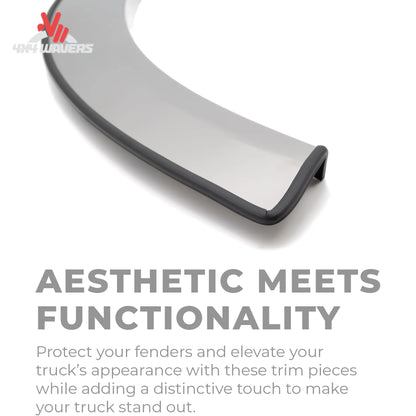 Close-up of Putco stainless steel fender trim kit with rubber gasket detail on a 2015-2017 Ford F150 truck fender flare
