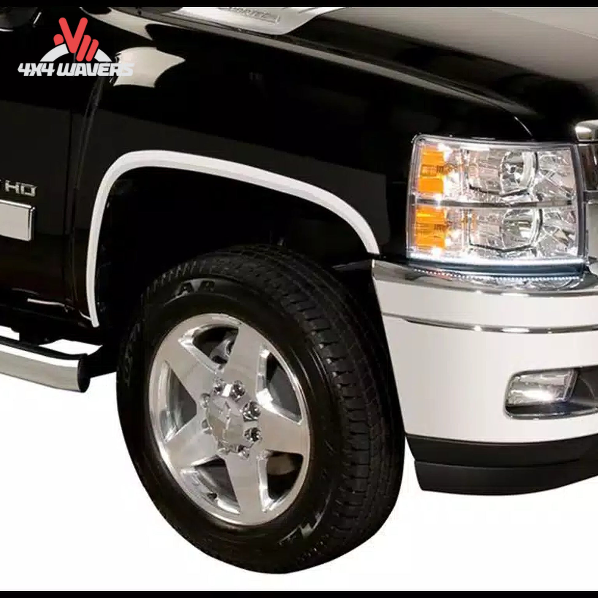Putco stainless steel fender trim kit with rubber gaskets for 2021-2026 Ford F150 truck fender flares, detailed close-up image.