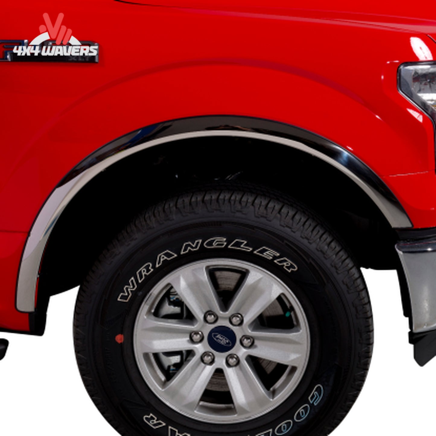 Putco stainless steel fender trim kit with rubber gasket for 2021-2026 Ford F150, showing close-up of trim detail and installation edge.