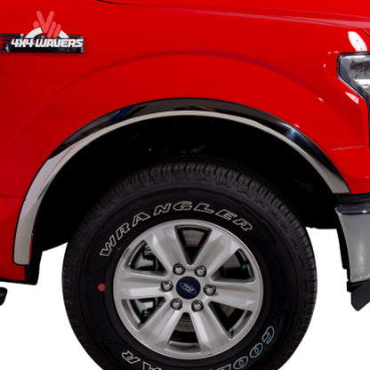 Putco stainless steel fender trim kit with rubber gasket for 2021-2026 Ford F150, showing close-up of trim detail and installation edge.