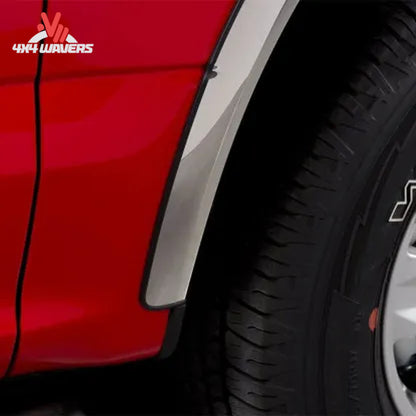 Putco stainless steel fender trim kit with rubber gasket for 2021-2026 Ford F150, shown with close-up of trim and gasket detail.
