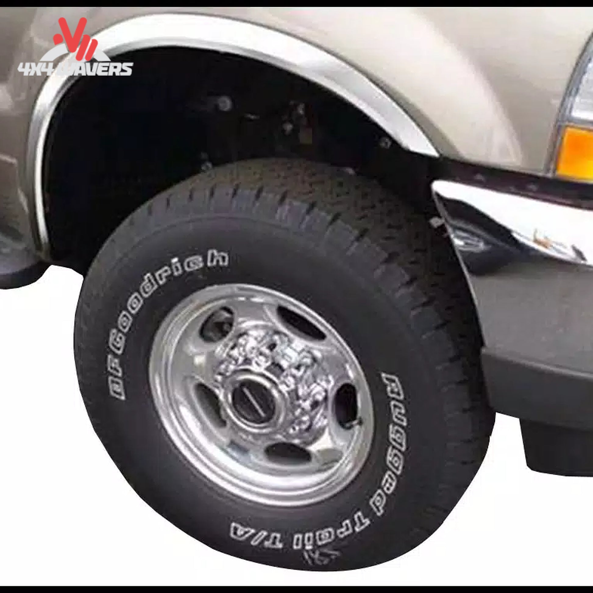 Putco stainless steel fender trim kit with rubber gasket for 2021-2026 Ford F150, showing close-up of the trim detail.