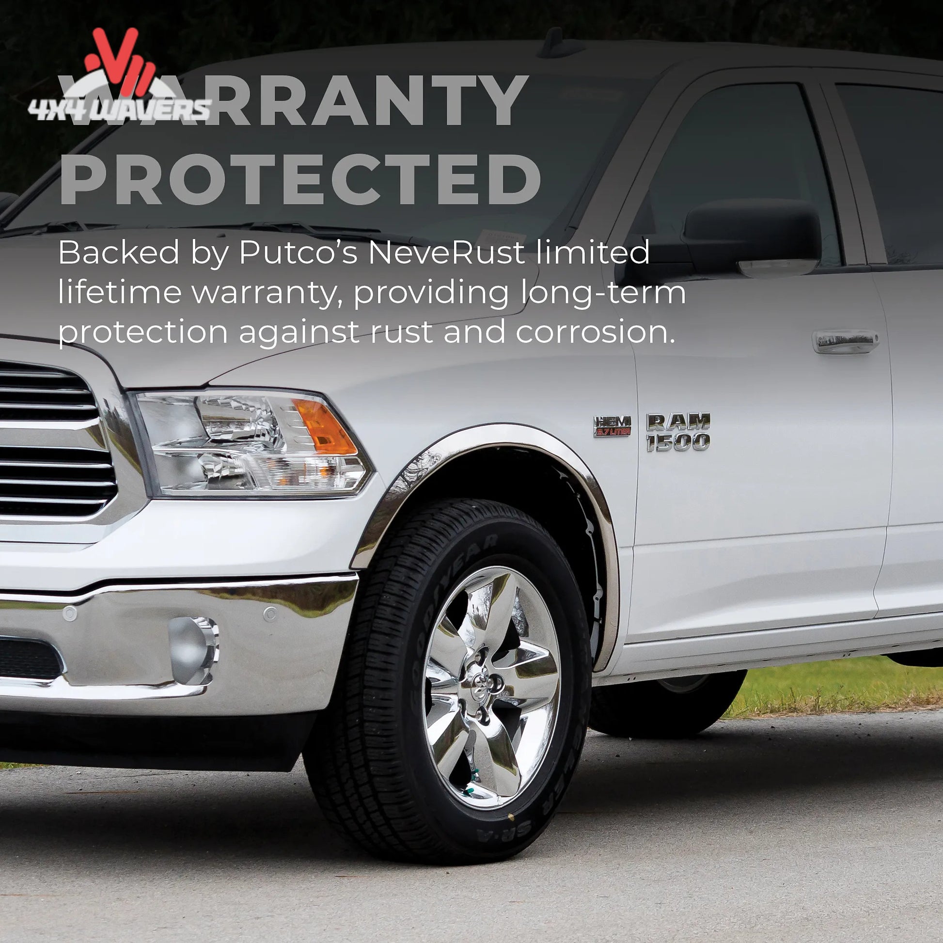 Putco stainless steel fender trim kit installed on a 2015-2017 Ford F150, enhancing the truck's appearance with durable fender flares.