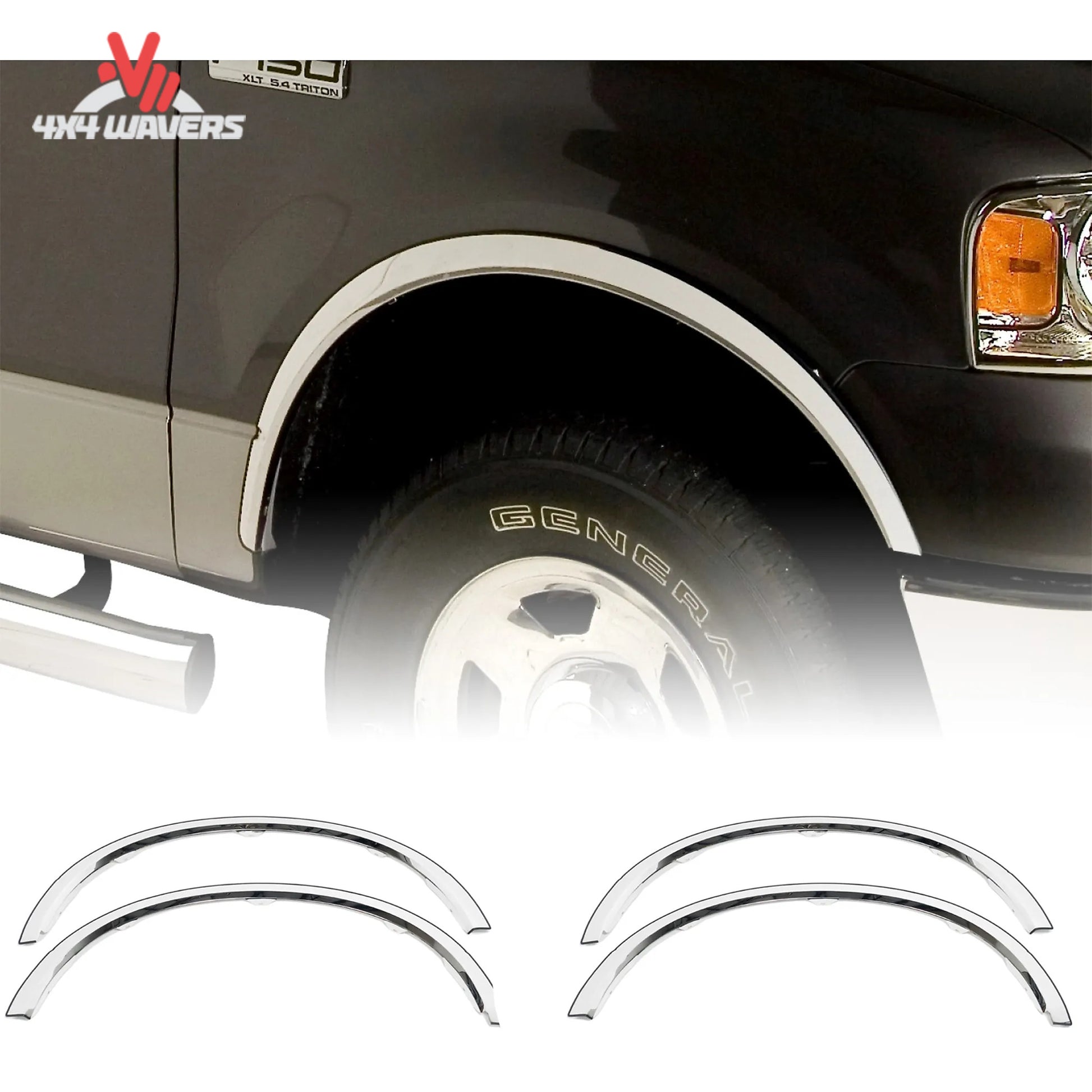 Putco stainless steel fender trim kit installed on a 2015-2017 Ford F150, enhancing the truck's exterior with sleek, durable fender flares.