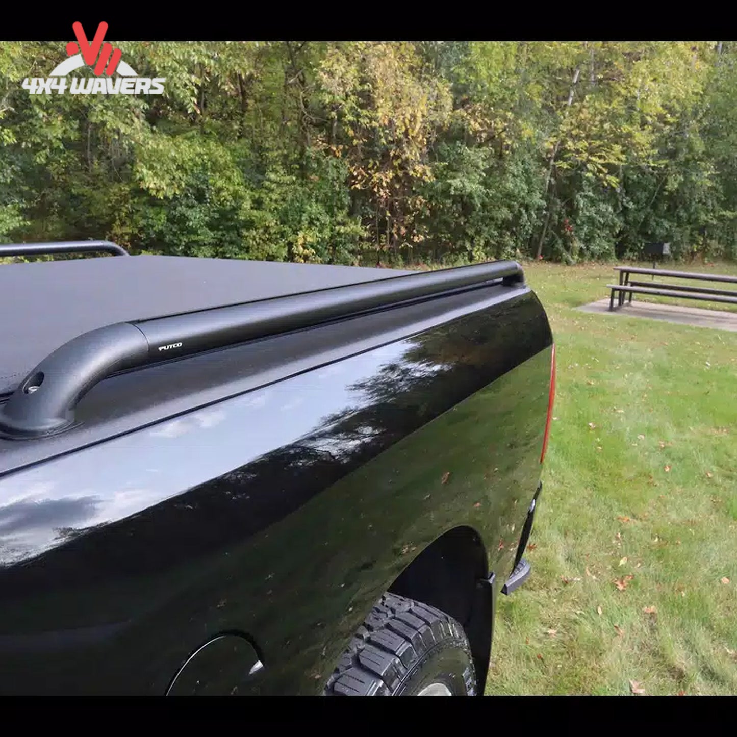 Installed view of black powder coated T-slot bed rails on F150 5.5ft bed 119864