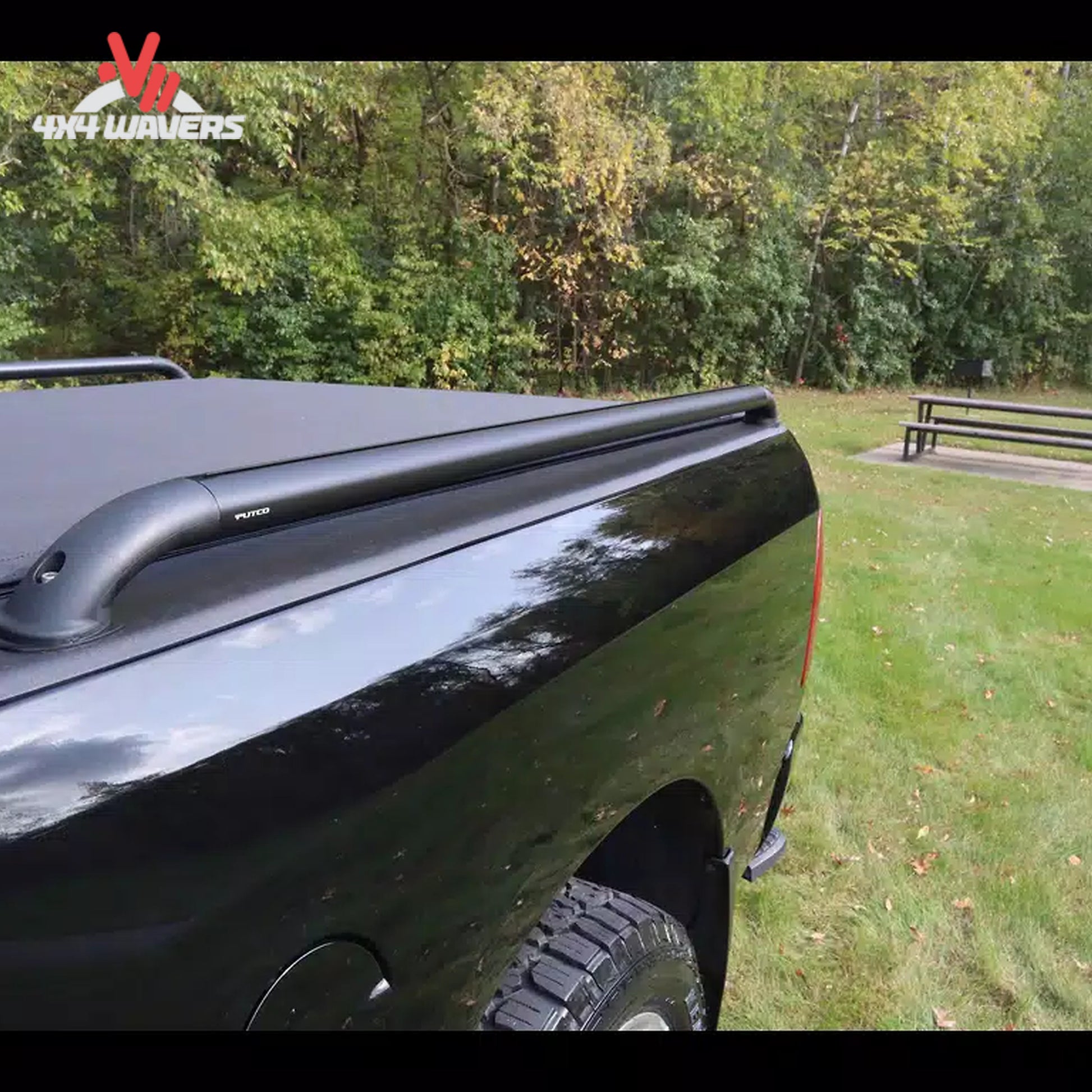 Installed view of black powder coated T-slot bed rails on F150 5.5ft bed 119864