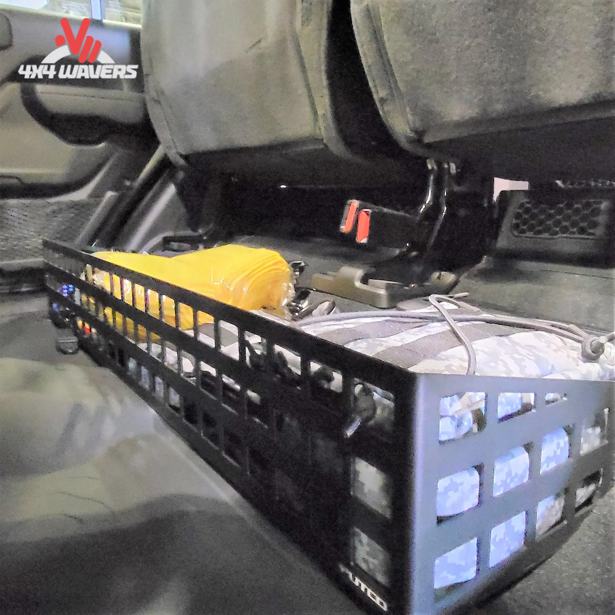 Putco MOLLE Under Seat Storage System with gear bags and clamps installed in a 2021-2026 Ford F-150 or 2023-2026 F-250/F-350 SuperCrew.