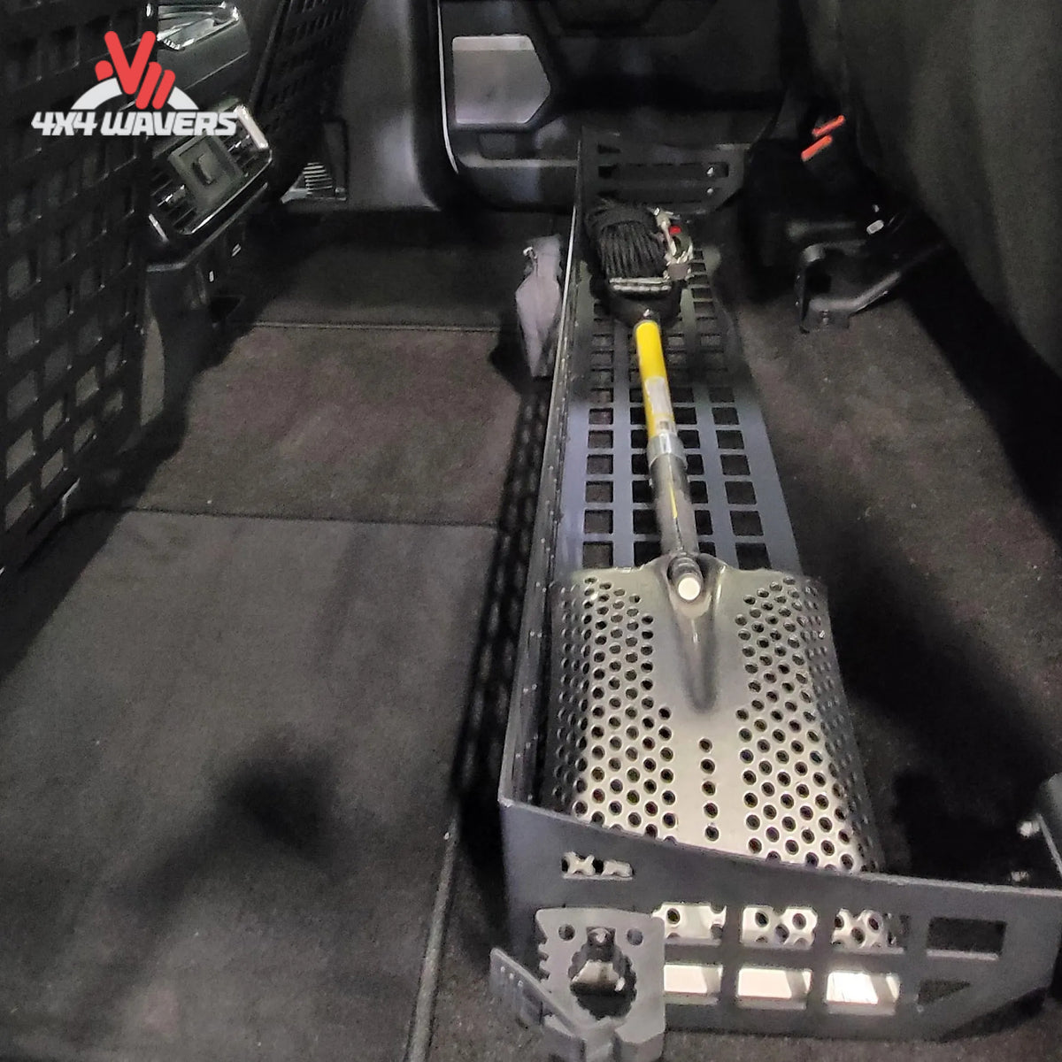 Putco MOLLE under seat storage system with loaded gear bags and clamps for Ford F-150 and F-250/F-350 SuperCrew trucks.