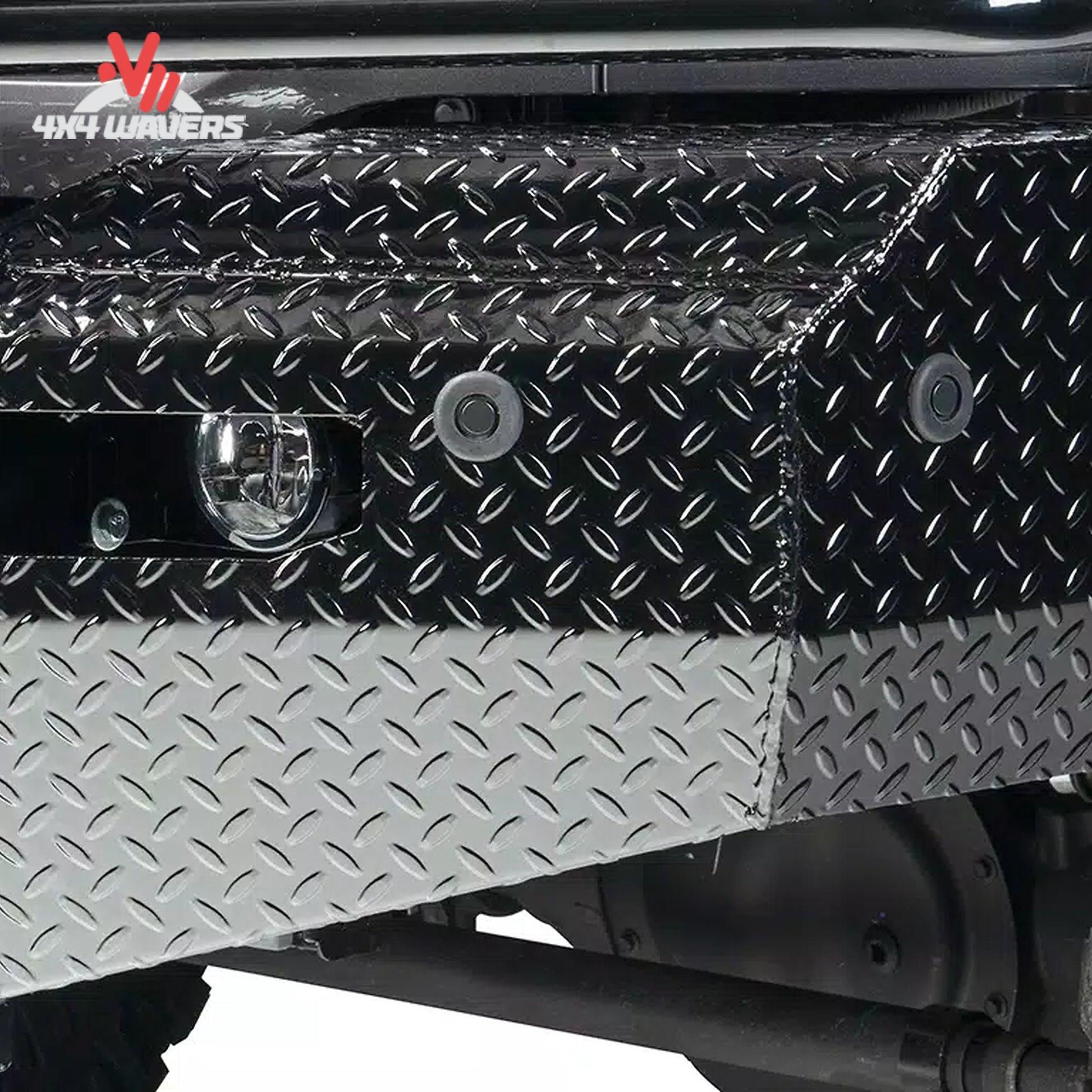 Detail view of integrated camera window and sensor ports on Ranch Hand F150 bumper FSF21HBL1C