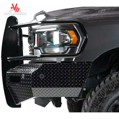 Diamond plate steel front replacement bumper with grille guard on Ford F150 FSF21HBL1C