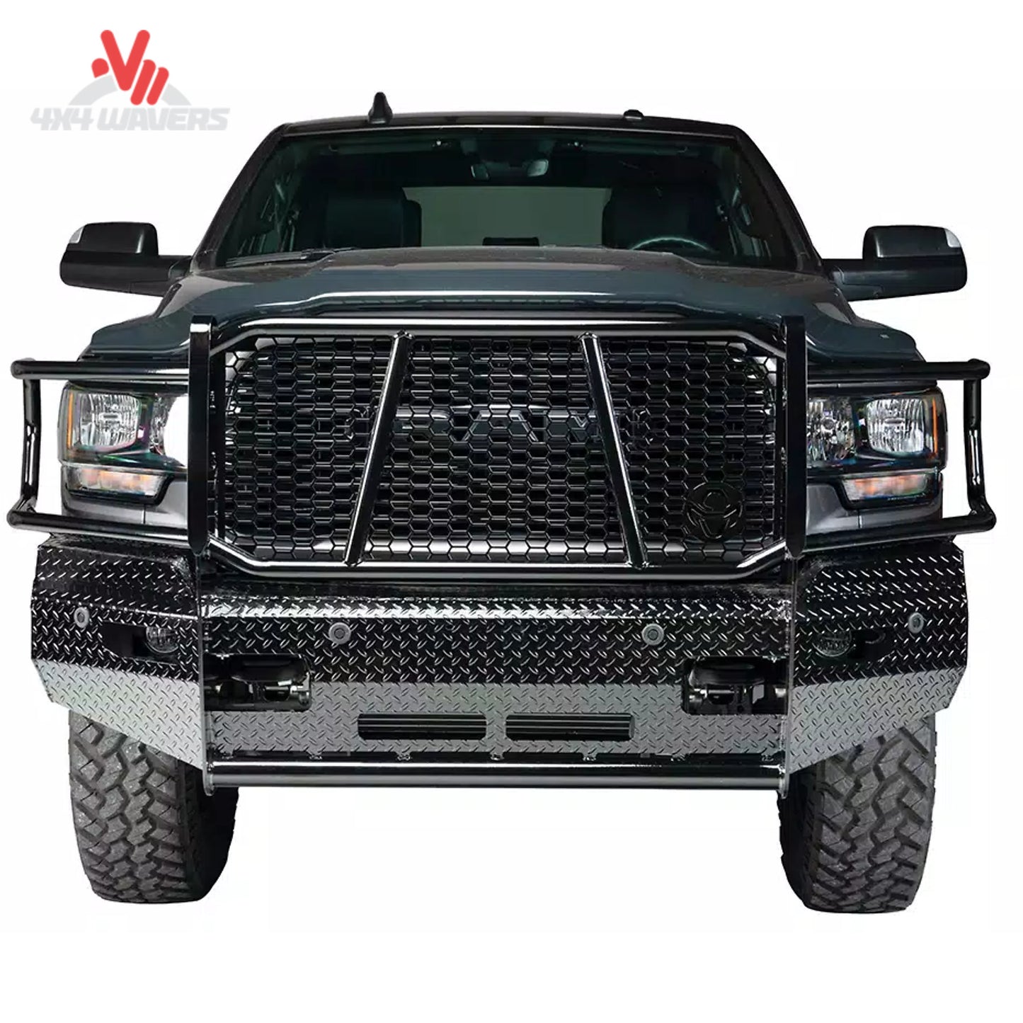 Diamond plate steel front replacement bumper with grille guard on Ford F150 FSF21HBL1C