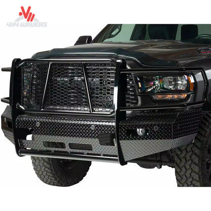 Diamond plate steel front replacement bumper with grille guard on Ford F150 FSF21HBL1C
