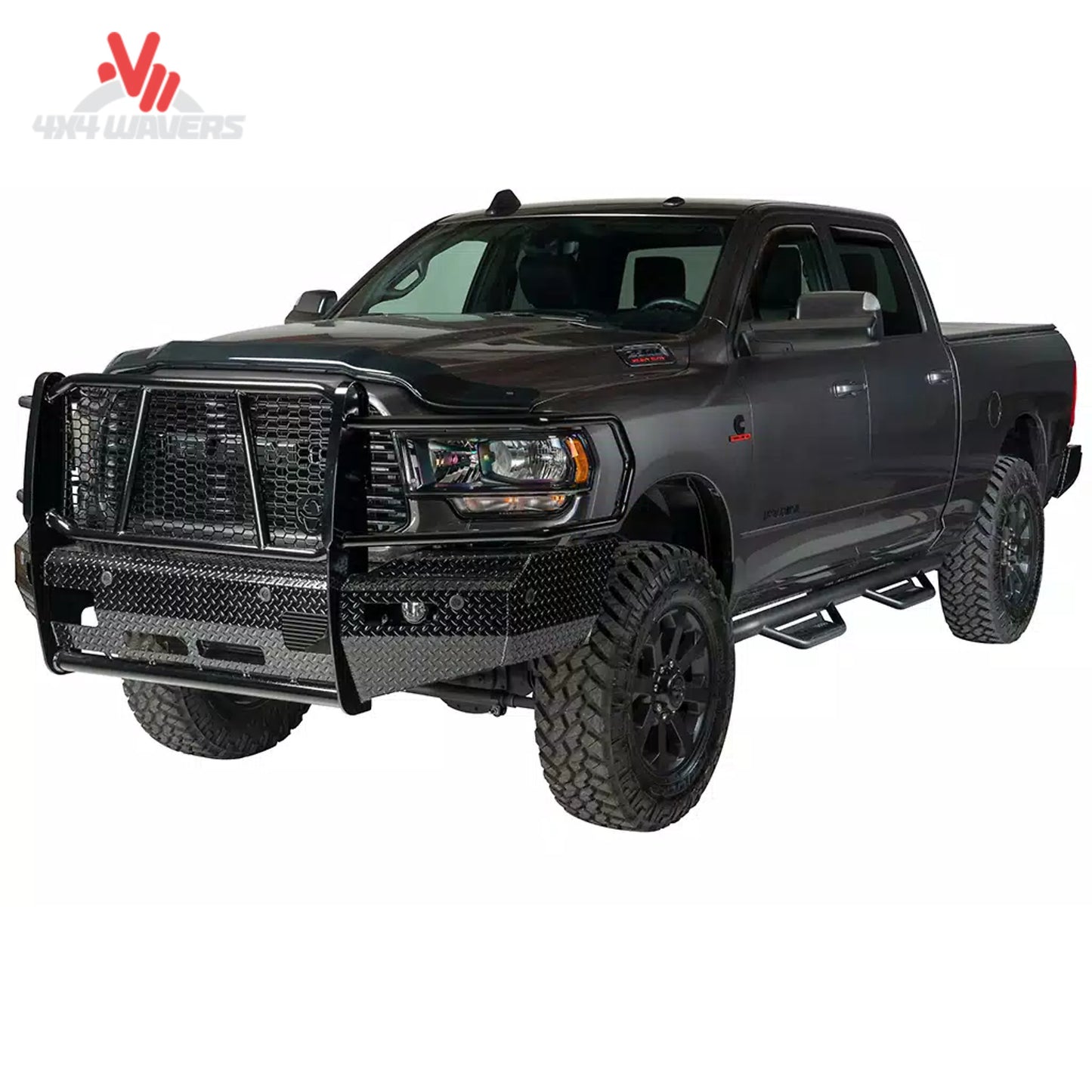 Diamond plate steel front replacement bumper with grille guard on Ford F150 FSF21HBL1C