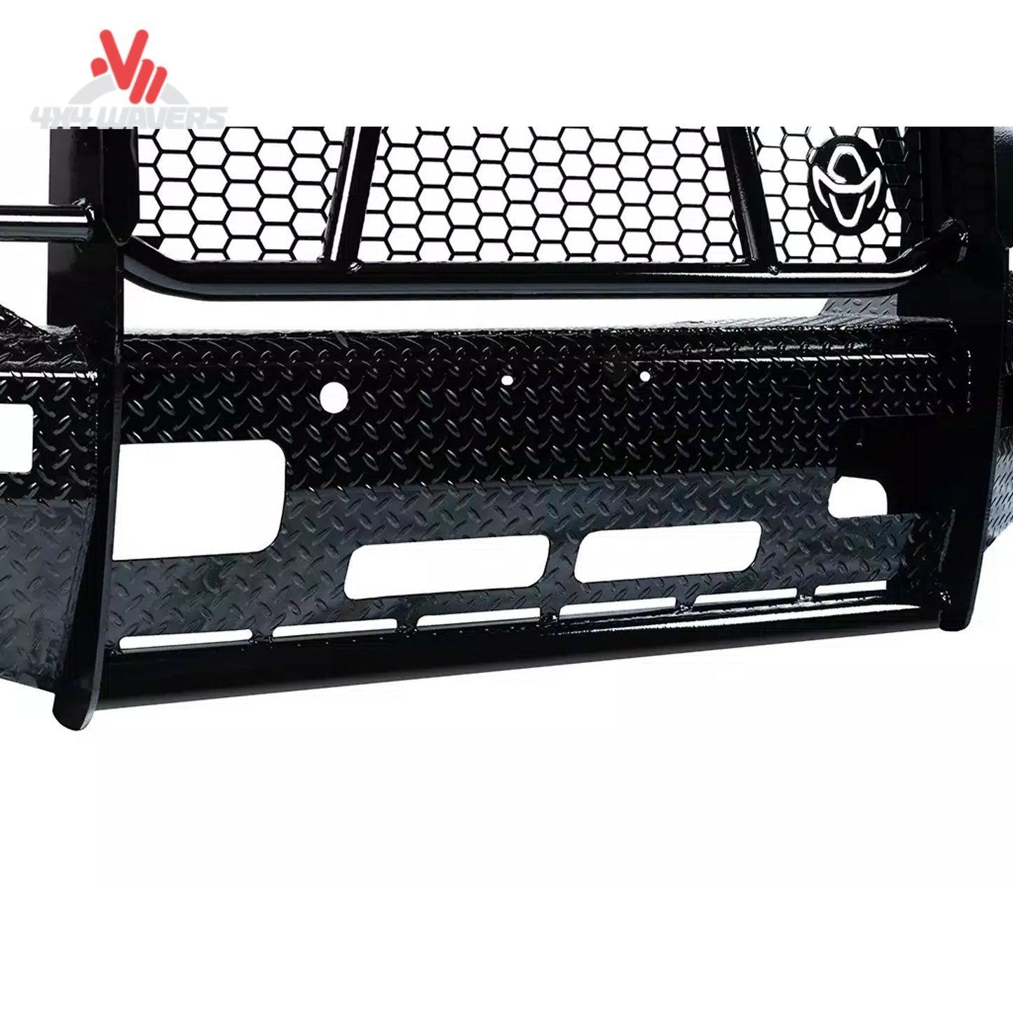 Black heavy-duty front bumper guard with diamond plate and honeycomb grille.