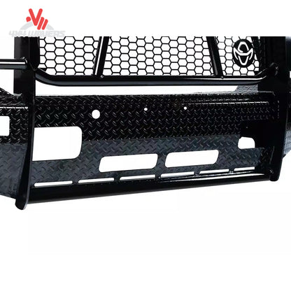 Black heavy-duty front bumper guard with diamond plate and honeycomb grille.