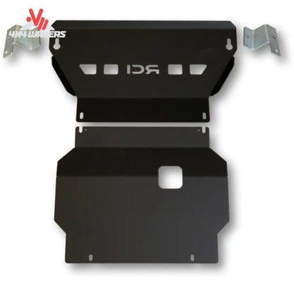 Close up of oil drain access port on 1/4 inch raw aluminum F150 skid plate F150-15-ENGINE-ALRAW