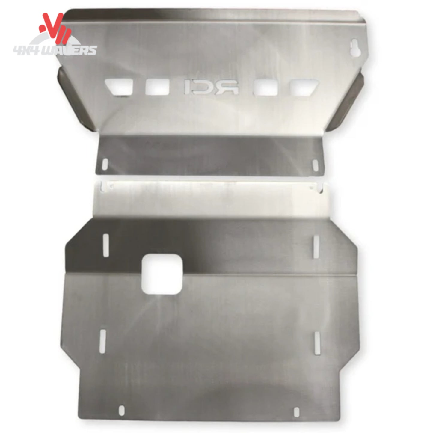 Close up of oil drain access port on 1/4 inch raw aluminum F150 skid plate F150-15-ENGINE-ALRAW