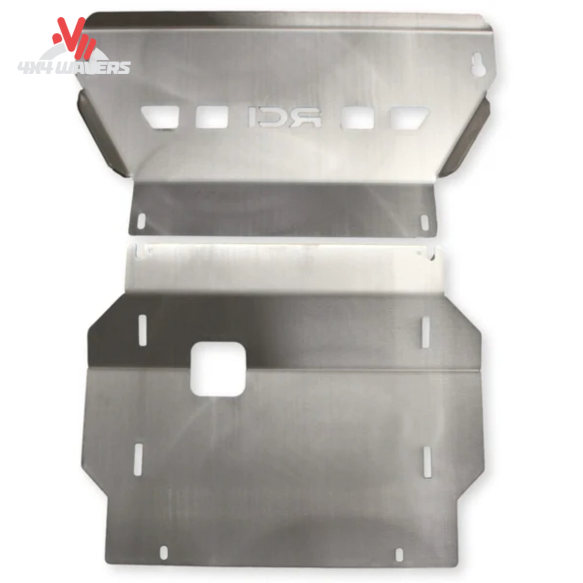 Close up of oil drain access port on 1/4 inch raw aluminum F150 skid plate F150-15-ENGINE-ALRAW