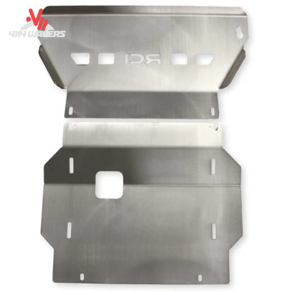 Close up of oil drain access port on 1/4 inch raw aluminum F150 skid plate F150-15-ENGINE-ALRAW