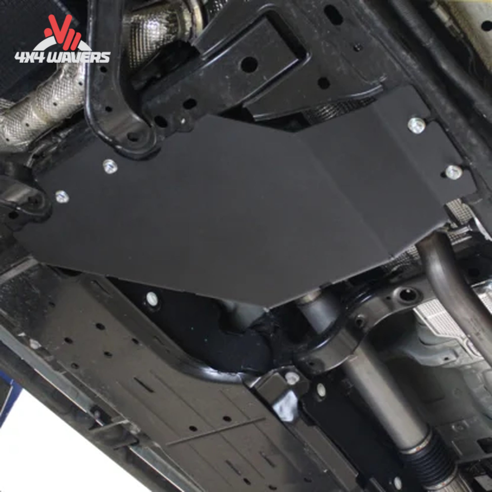 Black powder-coated steel transfer case skid plate by RCI