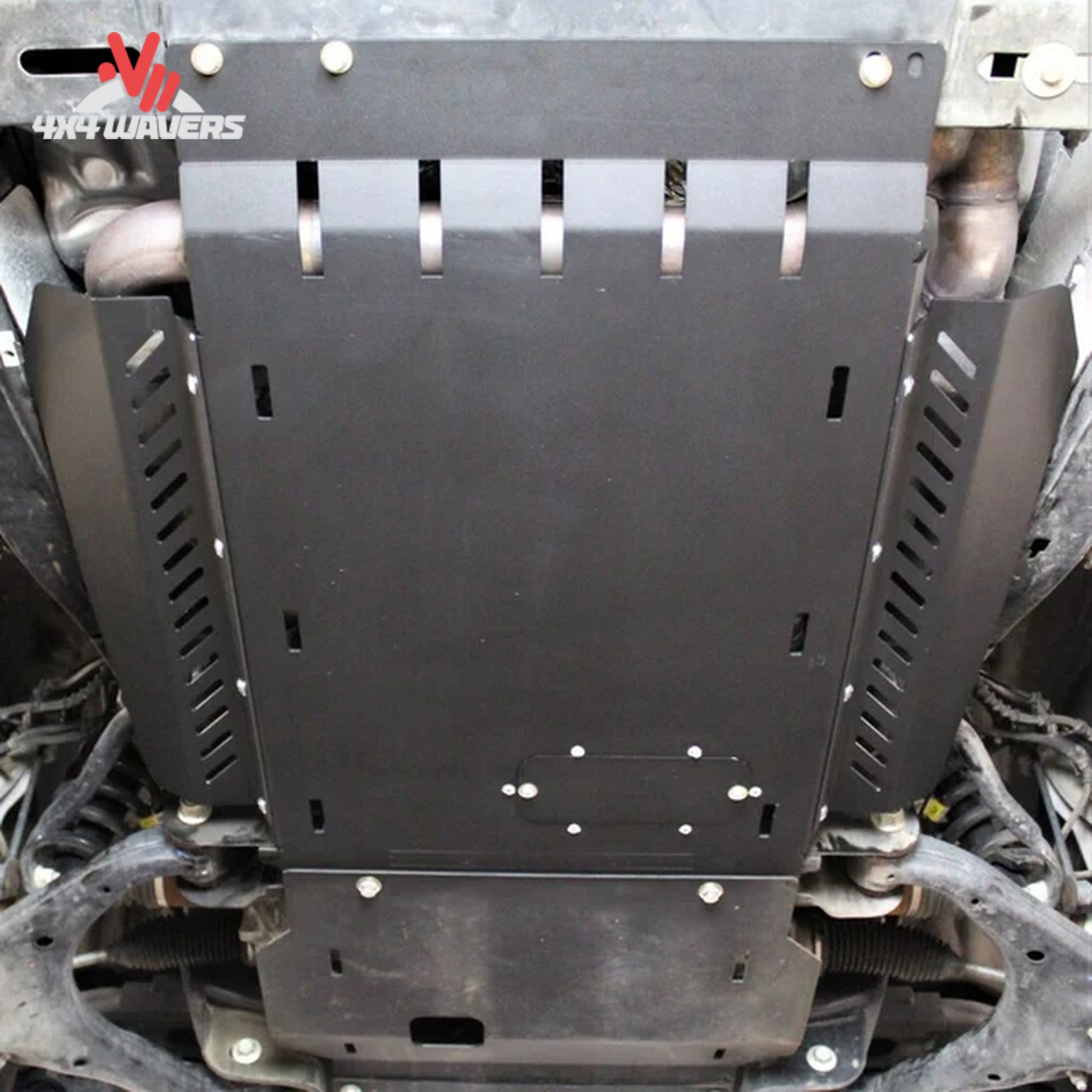 Close up of heat dissipation vents on black steel catalytic converter guard F150-15-CATGUARDS