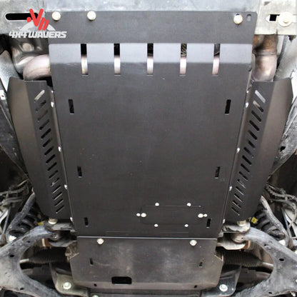 Close up of heat dissipation vents on black steel catalytic converter guard F150-15-CATGUARDS