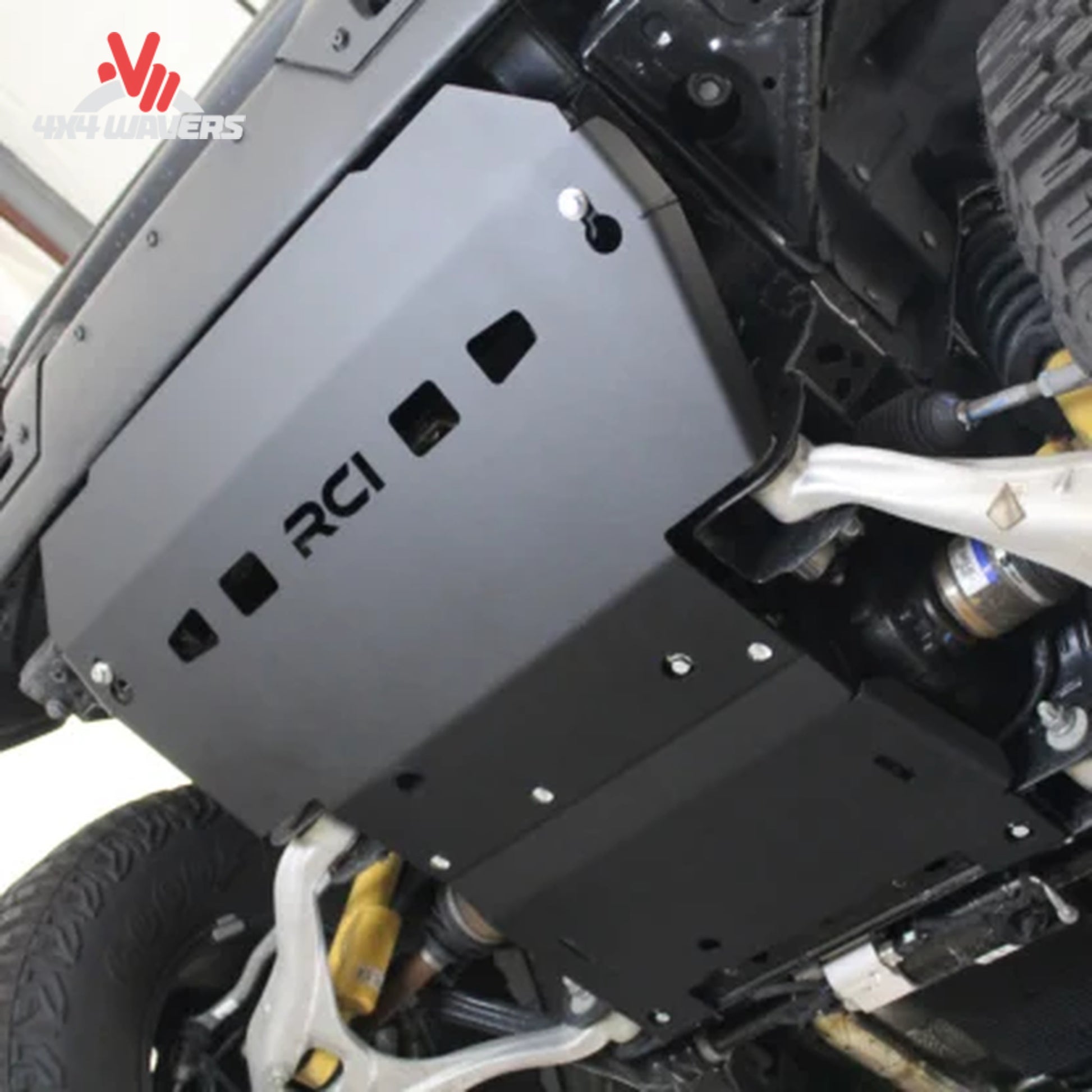 Underbody view showing RCI skid plate coverage protecting Bronco engine and front differential