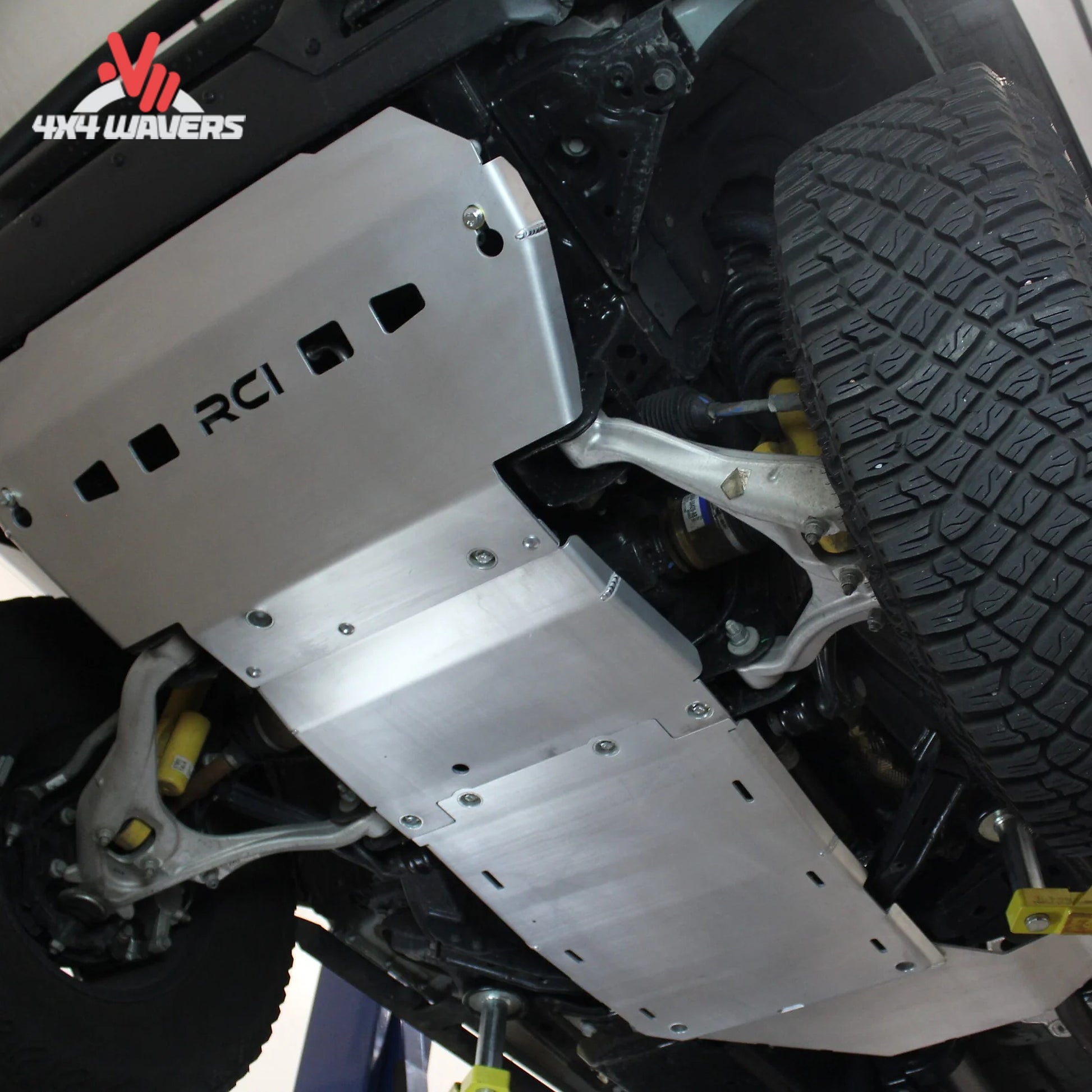 Heavy-duty skid plates protecting Bronco engine, EPAS steering and transmission components