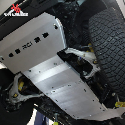 Heavy-duty skid plates protecting Bronco engine, EPAS steering and transmission components