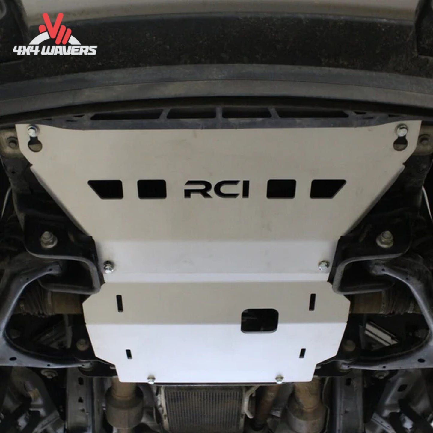 Underbody view of RCI raw aluminum skid plate mounted to F150 front frame F150-15-ENGINE-ALRAW